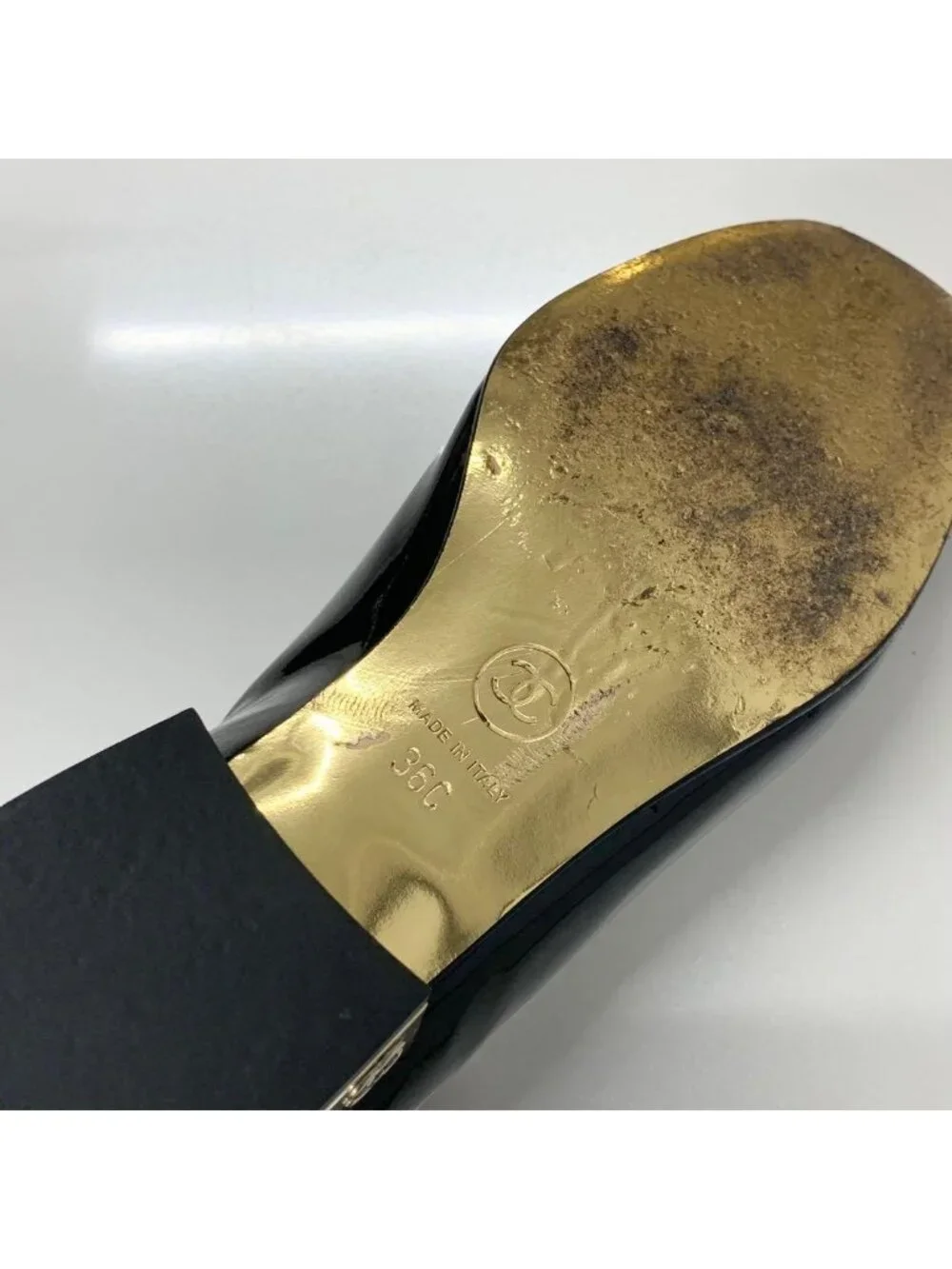 Chanel CC Logo Patent Loafers Black Gold